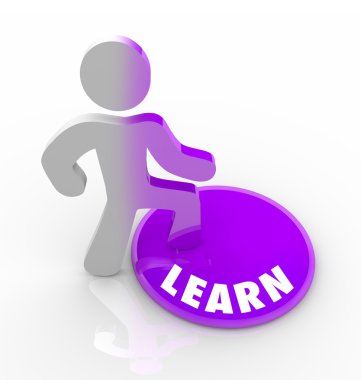Learn - Person Steps Onto Button and Fills with Knowledge clipart