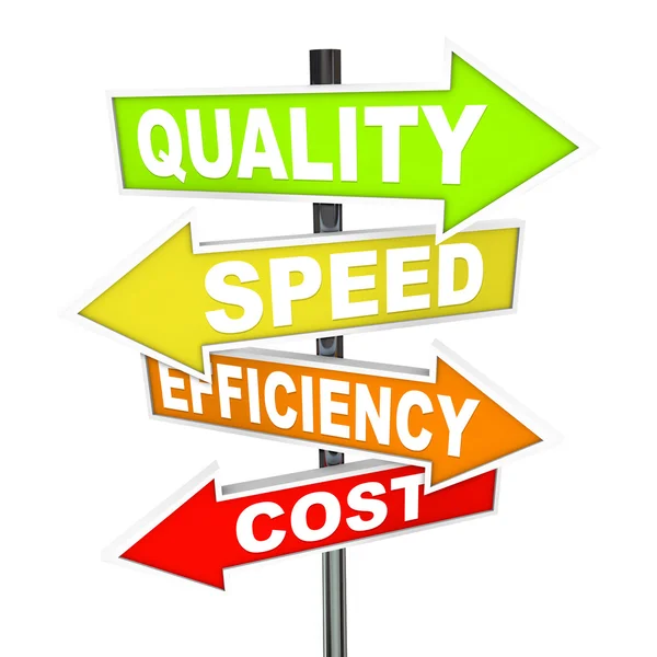 Signos de flecha del proceso de gestión de costos y eficiencia de velocidad de calidad —  Fotos de Stock