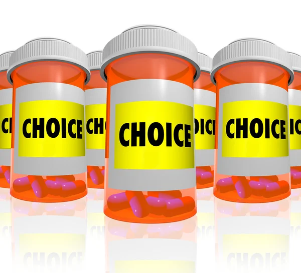 Escolha - Escolha entre muitas garrafas de prescrição — Fotografia de Stock