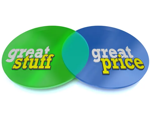 Grandes coisas e preço acessível palavras no diagrama de Venn — Fotografia de Stock