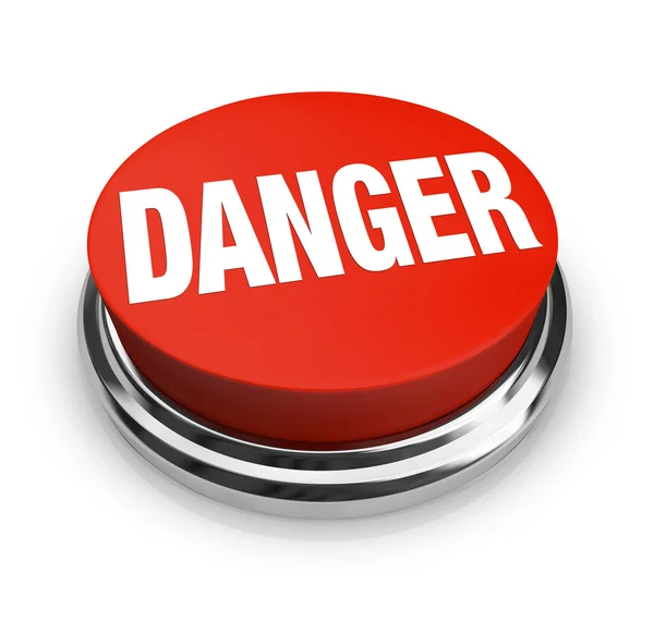 Peligro de palabra en el botón rojo redondo - Tenga cuidado de estar alerta —  Fotos de Stock