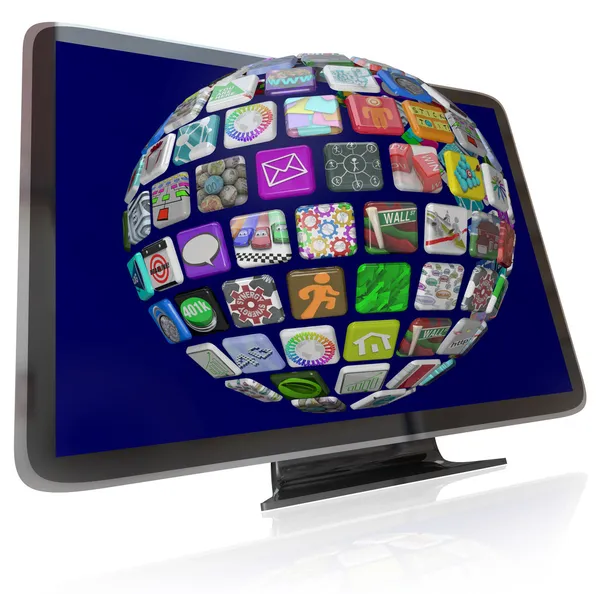 Icone di contenuti in streaming su schermi televisivi HDTV — Foto Stock