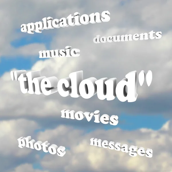 Cloud Computing Wörter in Himmel Fotos Filme Dokumente Anwendung — Stockfoto