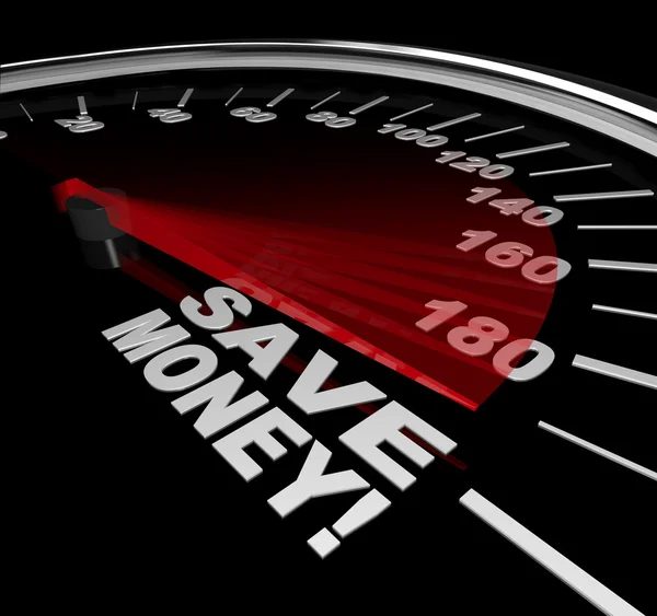 Spara pengar - rabatt försäljning ord på hastighetsmätare — Stockfoto