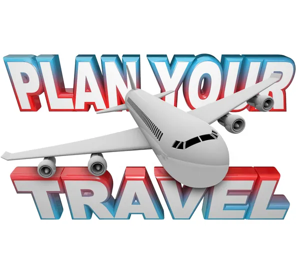 Plan uw reizen reisroute woorden vliegtuig achtergrond — Stockfoto