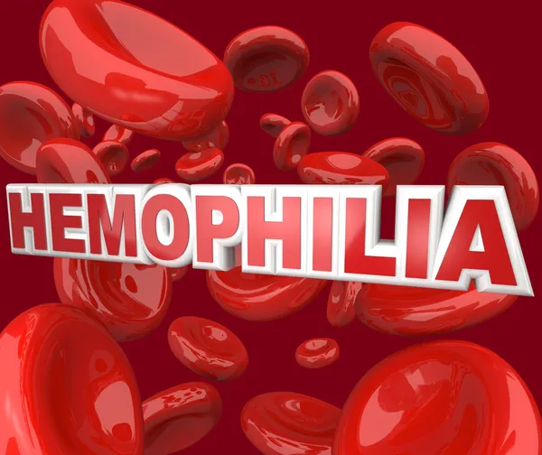 Enfermedad de hemofilia Palabra en el torrente sanguíneo en los glóbulos rojos —  Fotos de Stock