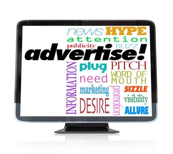 Adverteren marketing woorden op hdtv televisie — Stockfoto