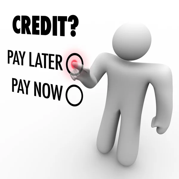 Escolha crédito para pagar mais tarde vs agora - pedir dinheiro emprestado — Fotografia de Stock
