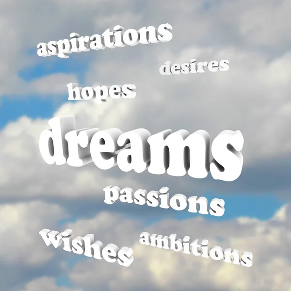 Marzenia - słowa w niebo dla nadziei, pasje, ambicje — Zdjęcie stockowe