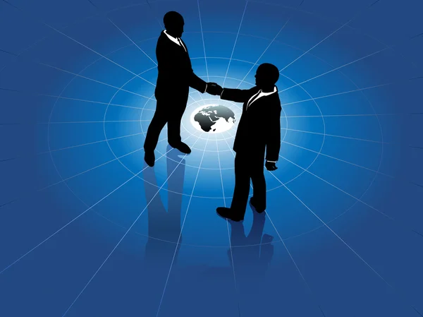 Les hommes d'affaires mondiaux poignée de main accord mondial — Image vectorielle