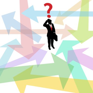 Confused lost business man question arrows decision clipart