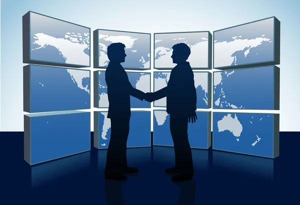 Business handshake moniteurs de carte du monde — Image vectorielle