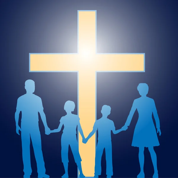 Familia cristiana de pie ante cruz luminosa — Vector de stock