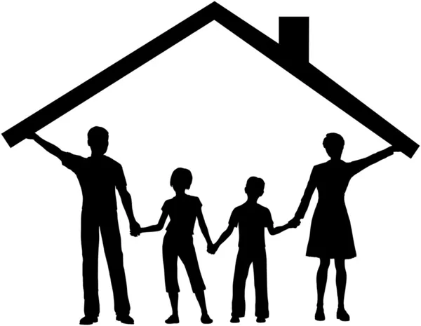 Família sob casa segurar casa telhado sobre as crianças — Vetor de Stock