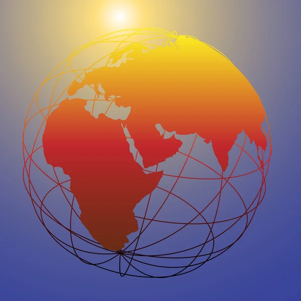 Global wireframe Eastern Earth globe bright sun — Stock Vector