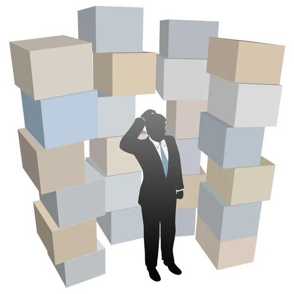 Hombre de negocios en pilas de cajas de envío cajas de cartón — Vector de stock
