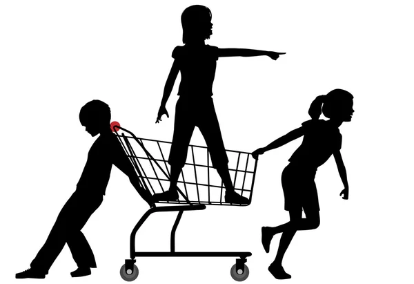 Τα παιδιά παίρνουν καλάθι τροχαίο στην μεγάλη εκστρατεία ψώνια — Διανυσματικό Αρχείο