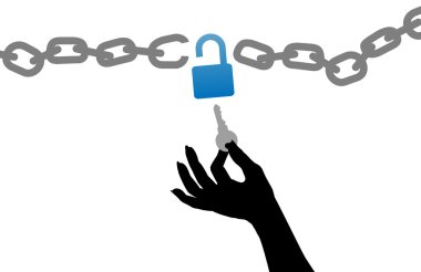 Person hand free unlock chain lock key clipart