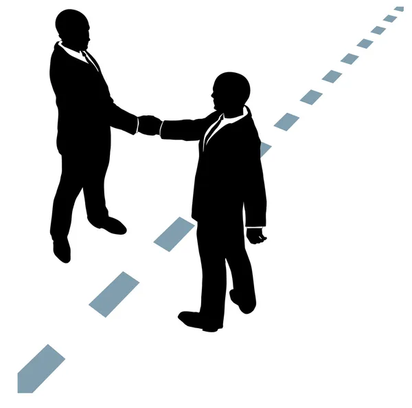 Negocios estrechan las manos de acuerdo en la línea de puntos — Vector de stock