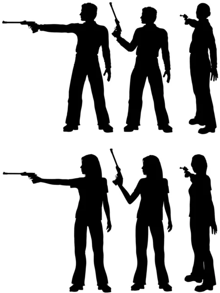 Silhouette uomo donna sparare pistola bersaglio — Vettoriale Stock