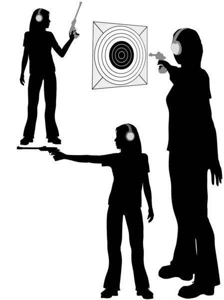 Silhouette woman shoots target pistol — Stock Vector