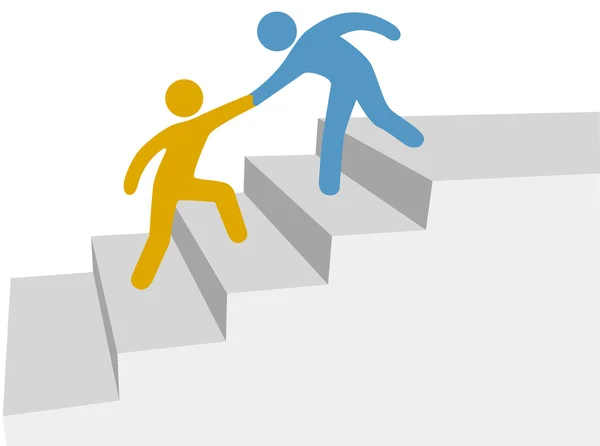 Progress collaboration help friend climb up improvement steps — Stock Vector