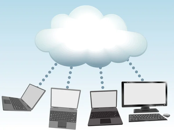 Computers συνδεθείτε σε τεχνολογία πληροφορικής σύννεφο — Διανυσματικό Αρχείο