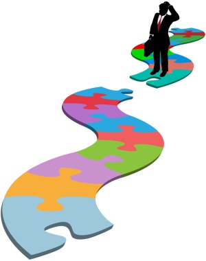 Business man find missing piece puzzle path clipart