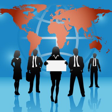 Global map world business team hold sign clipart