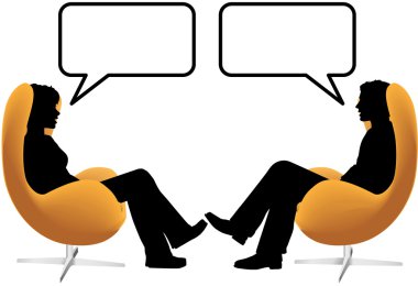 Man woman couple sit talk in egg chairs clipart