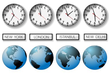 World city time zone clocks and globes clipart