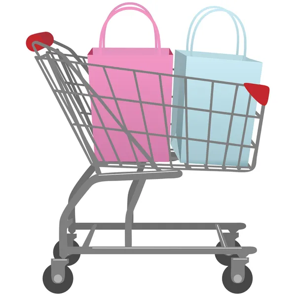 Ga winkel met kar grote retail shopping tassen — Stockvector
