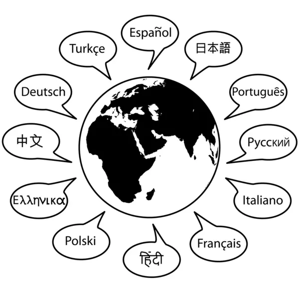 Nombres del idioma mundial Traducción del discurso Palabras en el globo — Vector de stock