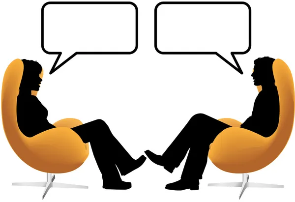 Hombre mujer pareja sentarse hablar en sillas de huevo — Vector de stock