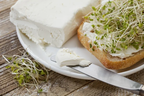 Roll, cream cheese and broccoli sprouts — Stock Photo, Image