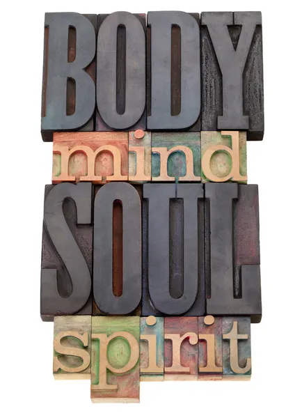 Body, mind, soul, spirit in letterpress type — Stock Photo, Image