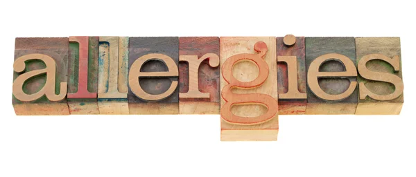 Allergies word in letterpress type — Stock Photo, Image