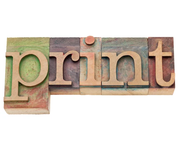 Εκτύπωση - λέξη στο letterpress τύπου — Φωτογραφία Αρχείου