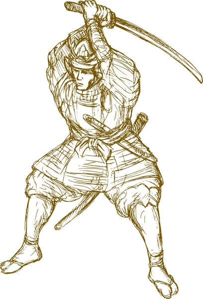 Guerrero samurai con espada en posición de lucha —  Fotos de Stock
