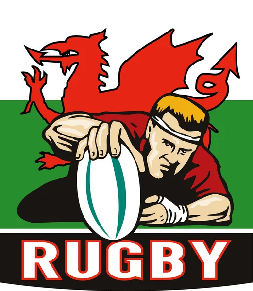 Jugador de rugby anotando probar la bandera de Wales — Foto de Stock