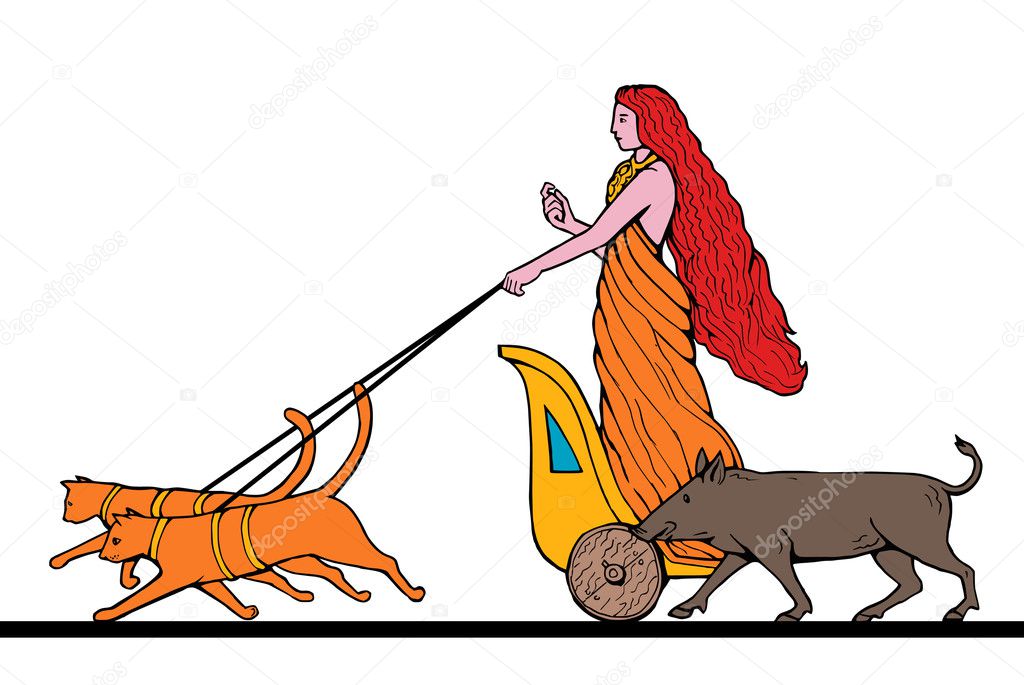 Freya Norse goddess riding chariot cat boar