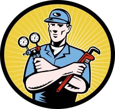 Repairman serviceman holding ac manifold gauge wrench clipart