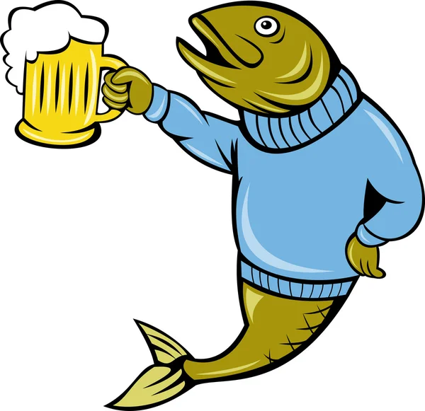 Peixe de truta segurando uma caneca de cerveja — Fotografia de Stock
