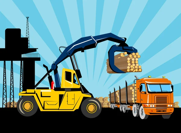 Gaffeltruck hissa crane lasta timmer loggning lastbil — Stockfoto
