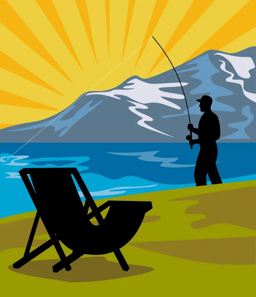 Fly fisherman fishing lake mountains chair — Stock Photo, Image