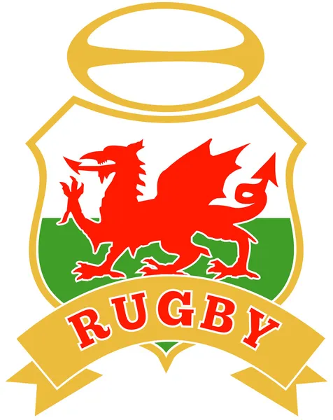 Rugby bal wales rode welsh dragon shield — Stockfoto