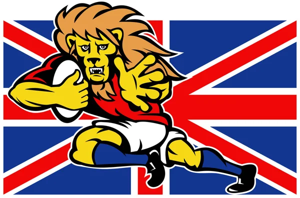 Cartoon British Lion rugby fending off GB flag — Stock Photo, Image