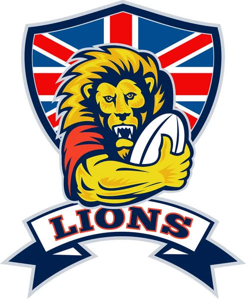 Lion playing rugby with ball Union Jack shield — Stock Photo, Image