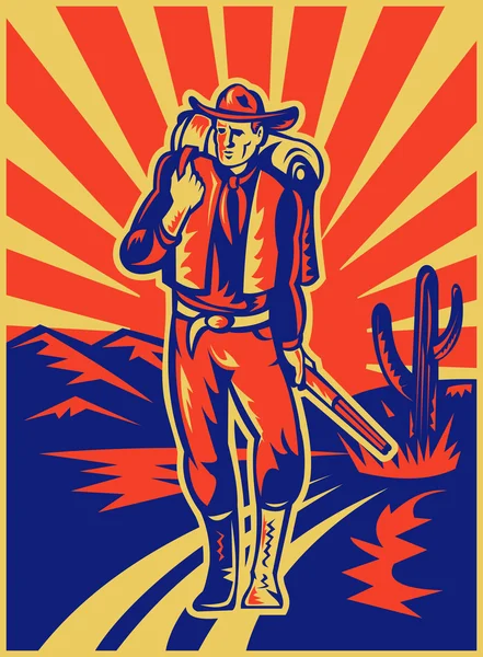 Cowboy-a hátizsák és a puska, séta — Stock Fotó