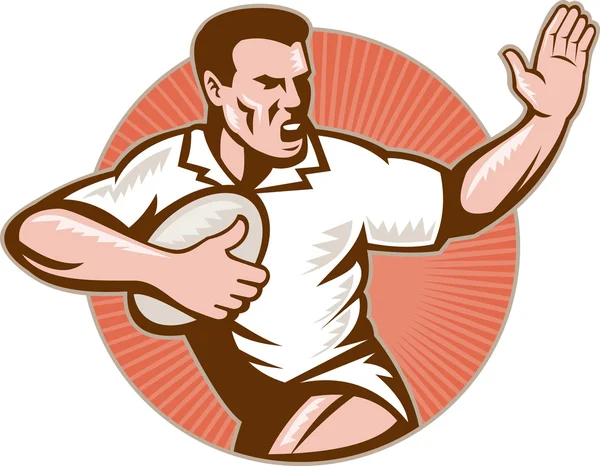 Jogador de rugby correndo com bola se defendendo — Fotografia de Stock